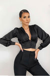 Cropped Seda Manga Longa Preto - Lizzi