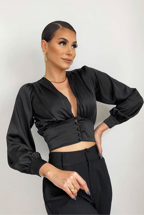 Cropped Seda Manga Longa Preto - Lizzi